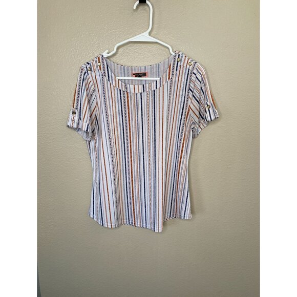 50th Street Petite Womens Striped Short Sleeve Top PM Button White polyester - Picture 1 of 7